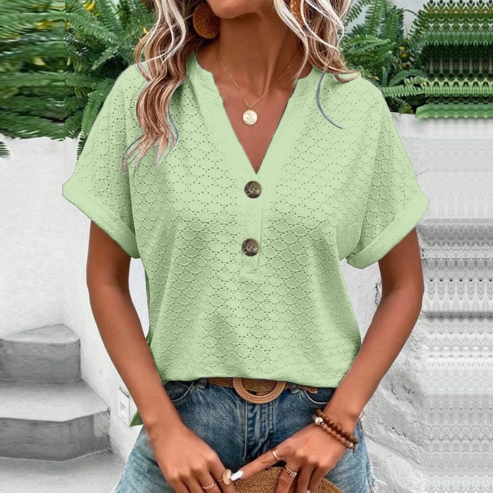 Light Green V-Neck Eyelet Button Short Sleeve Top
